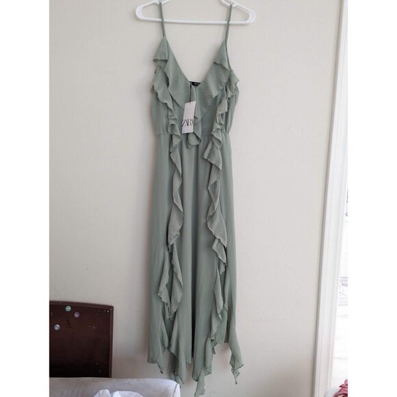 SOLD ZARA NEW WOMAN STRAPPY LONG DRESS RUFFLES ASYMMETRIC HEM SEA GREEN M - Picture 9 of 9